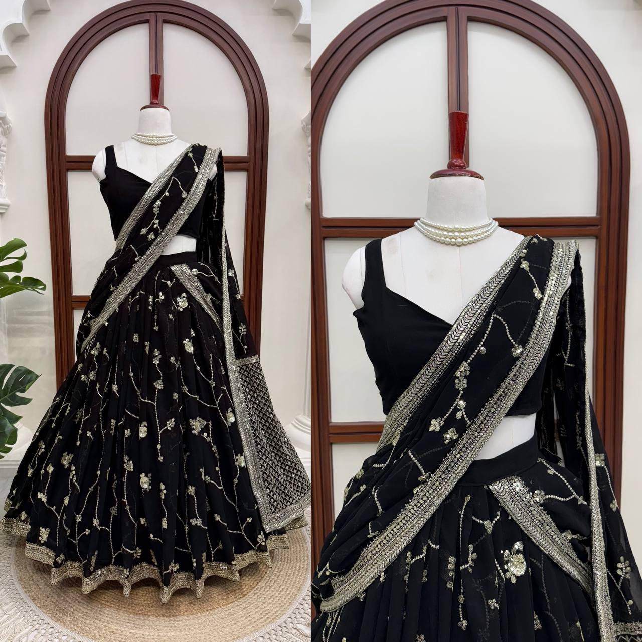 Midnight Black Georgette Lehenga Choli Adorned with Delicate Silver Floral Vine Embroidery and Scalloped Borders